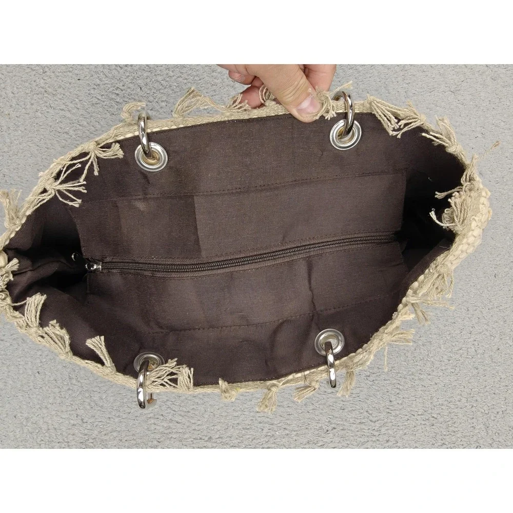 Beach Queen Tote Bag Womens Large Beige LOVE Shell‎ Bamboo Handles Woven Beach